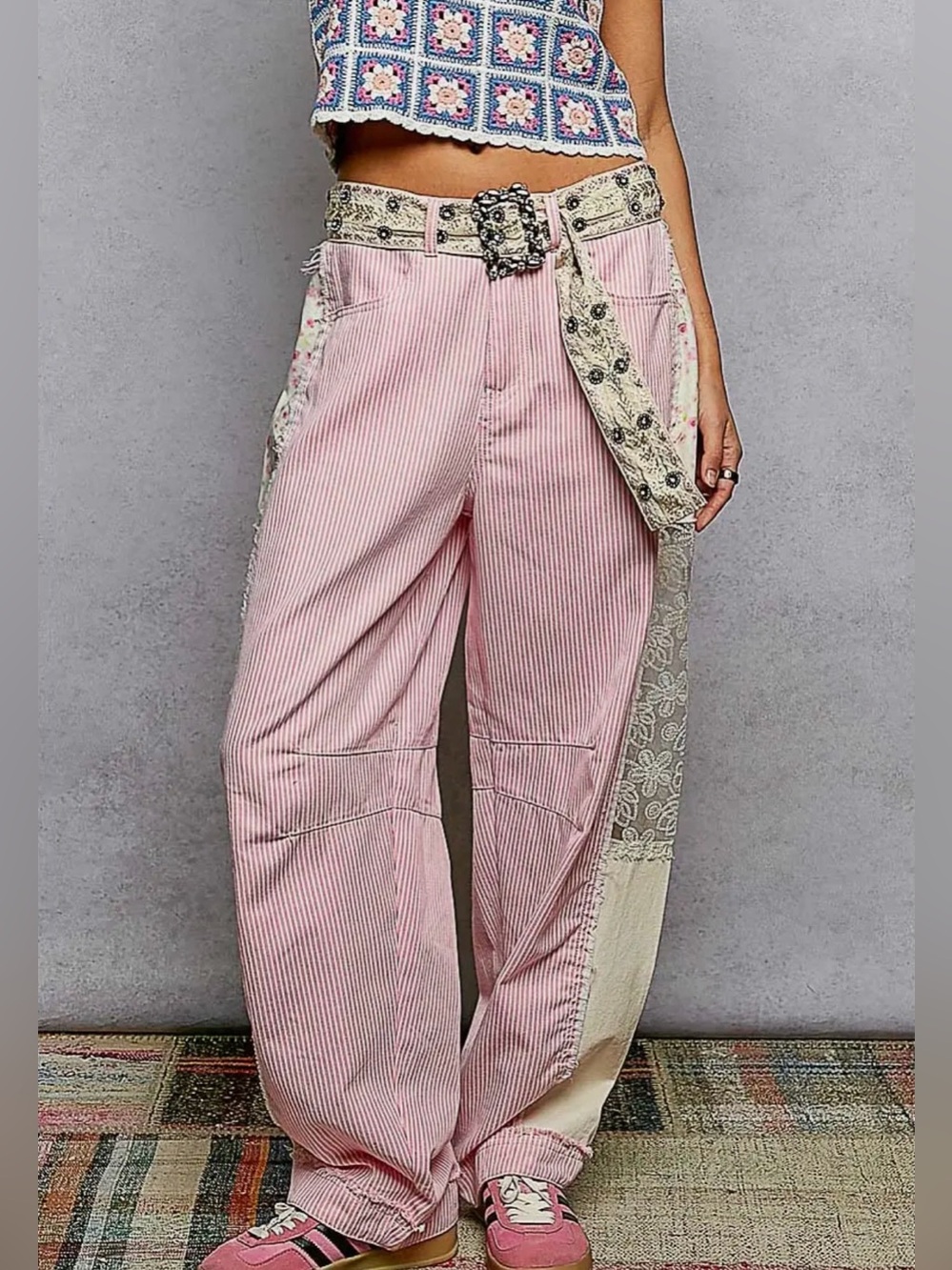 NEW POL Barrel Pants Pink Patchwork Sheer Side Panels Wide Leg Dart Detail